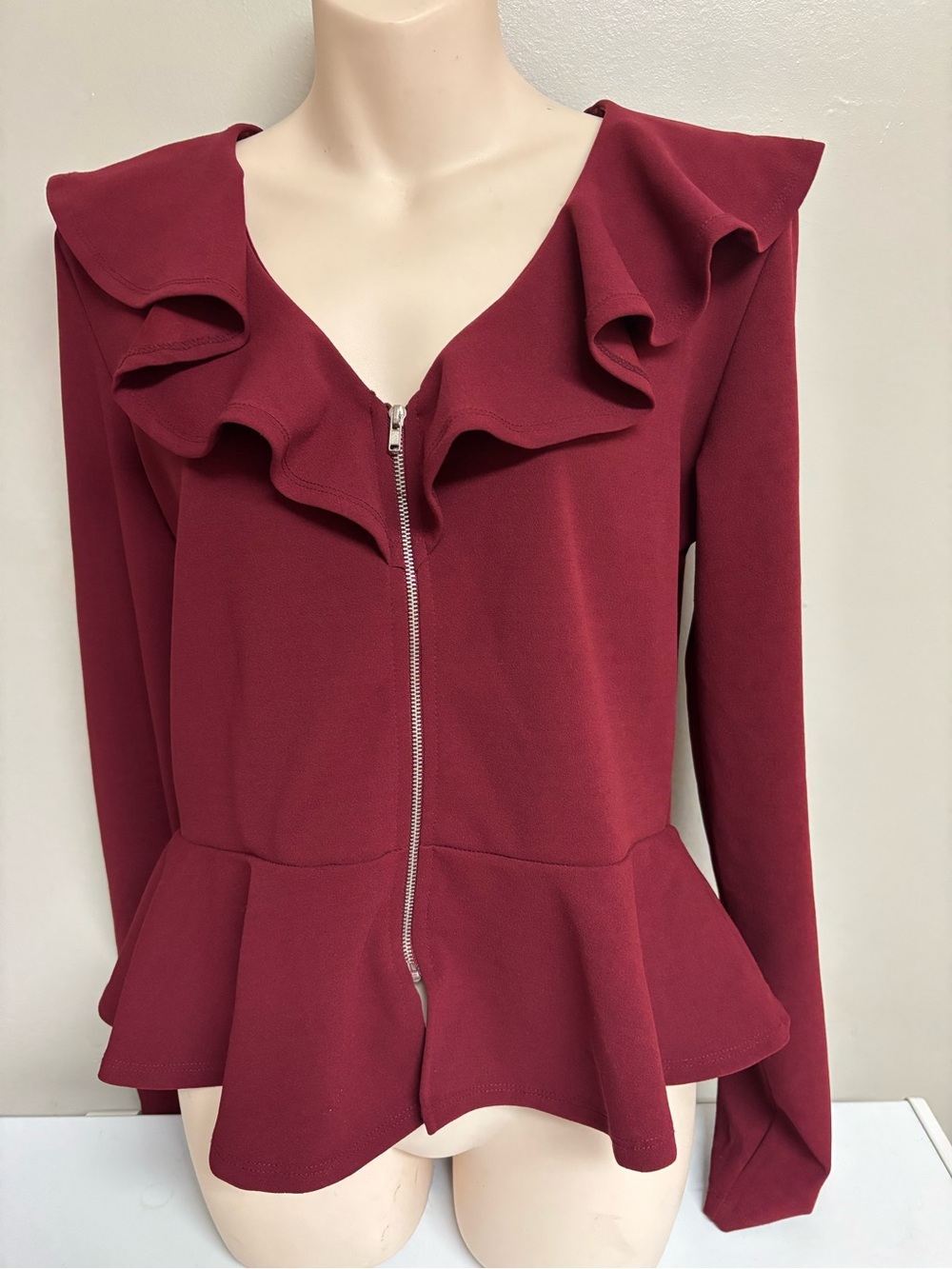 Fashion Nova Burgundy Ruffle Peplum Zip-Front Blouse